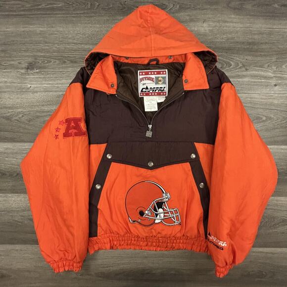Vintage Cleveland Browns Jacket Mens Large Nutmeg NFL Football Coat Puffer 90s - Picture 1 of 10